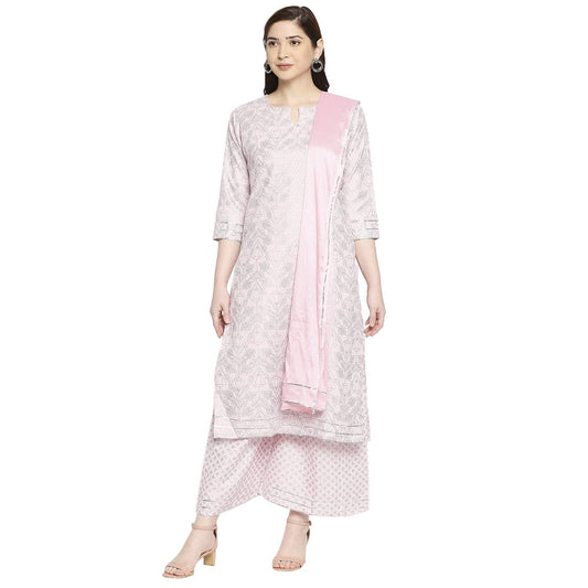 ANNI DESIGNER Women's Cotton Straight Kurta with Palazzo & Dupatta (DOLI Pink_GSK)