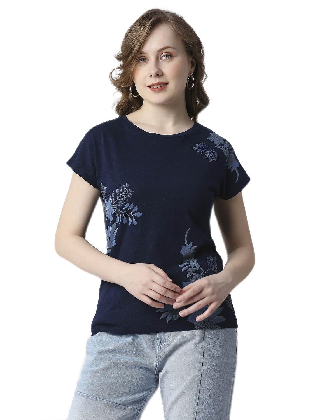 Pepe Jeans Printed Cotton Round Neck WomenS T-Shirt (Blue, Large)