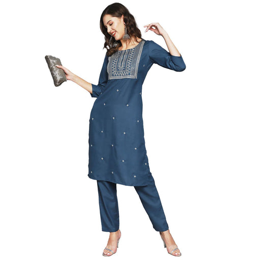 anubhutee Women's Rayon Blue Ethnic Motifs Zari Work Embroidered Straight Kurta Suit Set with Pants
