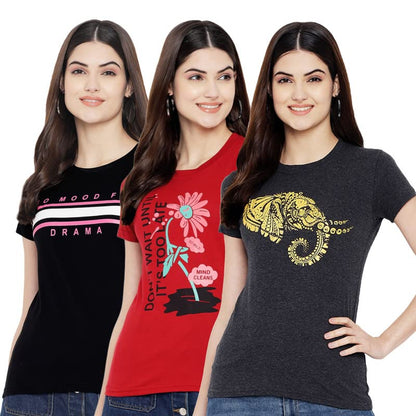 Preneum Womens Cotton Regular Fit Latest Graphic Stylish Printed Short Sleeves Casual T-Shirt || Latest Trending Style (Pack 3)