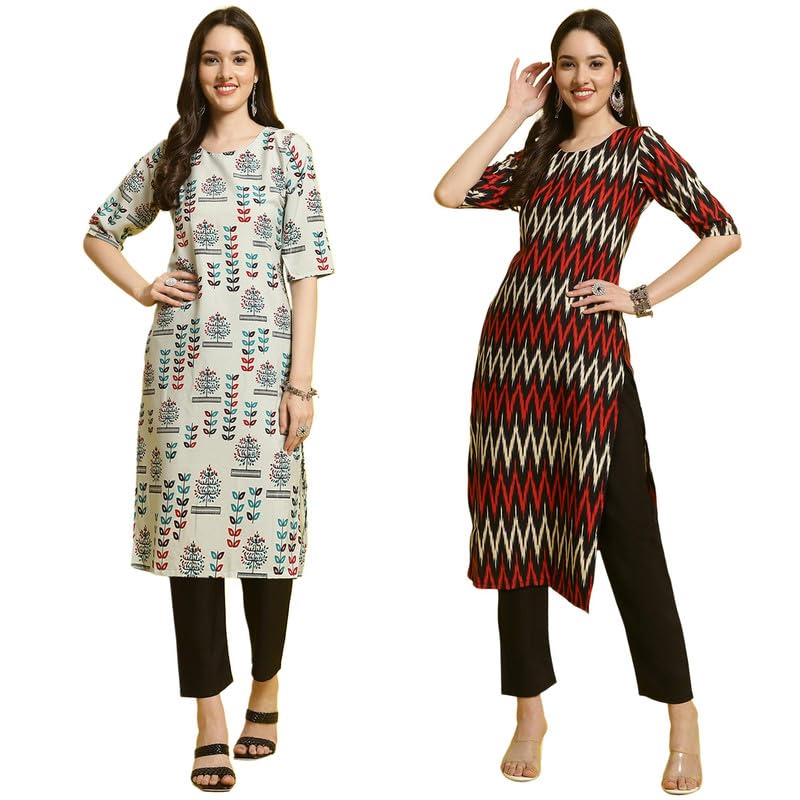 Pinkmint Elegant Printed Crepe Kurta And Pant Set For WomenS Ll Fashionable Kurti Combo Set Ll Stright Round Neck Kurti (Pack O