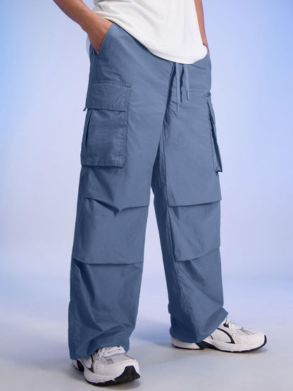 The Souled Store Solids: Prussian Blue Men and Boys Drawstringed Cotton Baggy Fit Parachute Pants