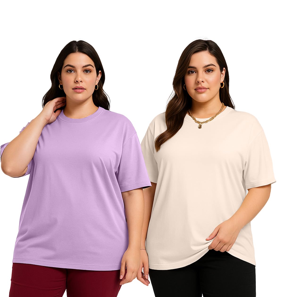 Juneberry 100% Pure Cotton Oversized Baggy Fit Drop Shoulder Solid Core Plus Size T-Shirt Combo For Women (Pack Of 2) (Po2_Jb_Ps