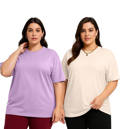 Juneberry 100% Pure Cotton Oversized Baggy Fit Drop Shoulder Solid Core Plus Size T-Shirt Combo For Women (Pack Of 2) (Po2_Jb_Ps