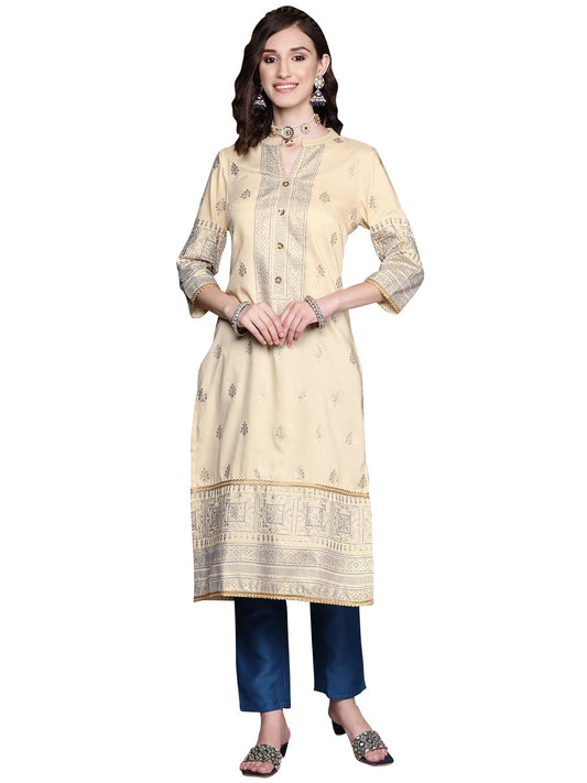 Ziyaa Women's Cream Chinon Straight Kurta And Pant Set(ZIKUCH3820ANDPA)