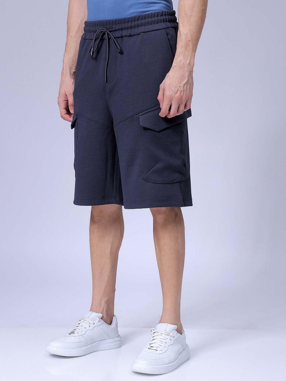 The Indian Garage Co Men Relaxed Fit Textured Mid-Rise Cargo Shorts Dark Grey
