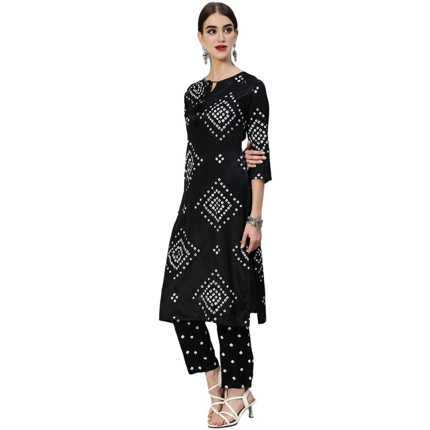 LookMark Women Women's Trendy Printed Cotton Blend Straight Black Color Kurta and Pant Set (KS2074-S)