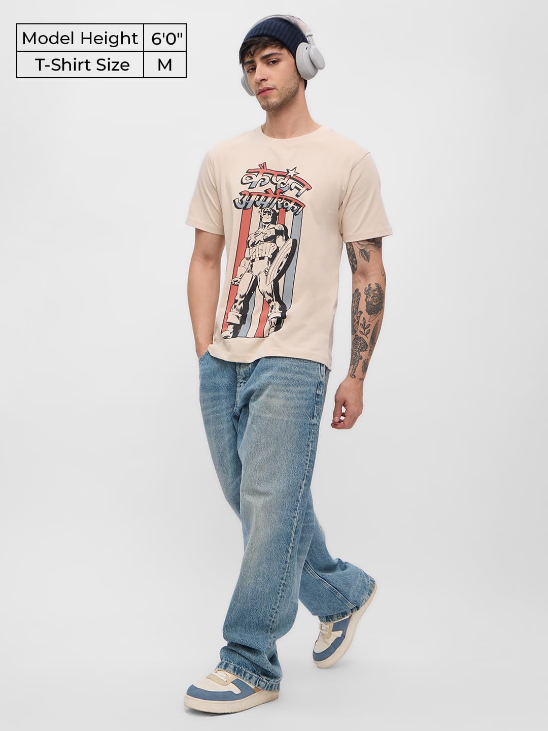 The Souled Store Captain America: Desi Vibe Men and Boys Short Sleeves Round Neck Beige Graphic Printed Regular Fit Cotton T-Shi