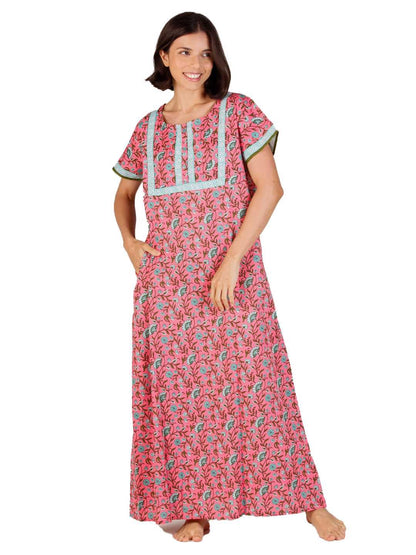 Evolove WomenS Cotton Long Maxi Night Gown Nighty Dress With Pocket & Stylish Button, Super Soft Comfortable (Rose Pink, Lngco3