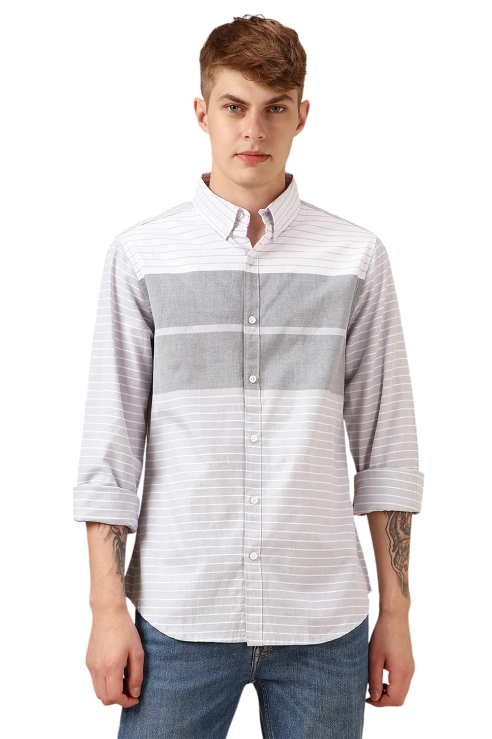 Dennis Lingo Men Blue 100% Cotton Full Sleeve Button Down Collar Stripes Shirts
