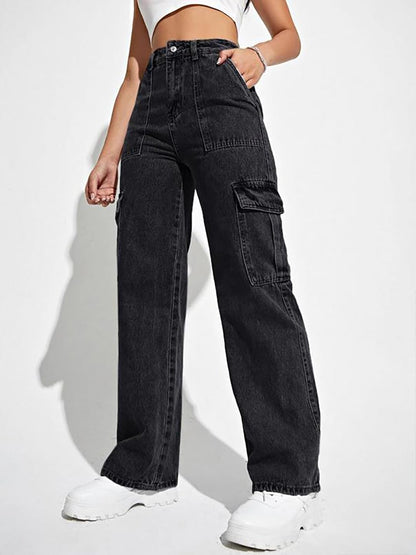 Kotty WomenS Solid High Waist Relaxed Fit Cotton Lycra Blend Cargo Jeans