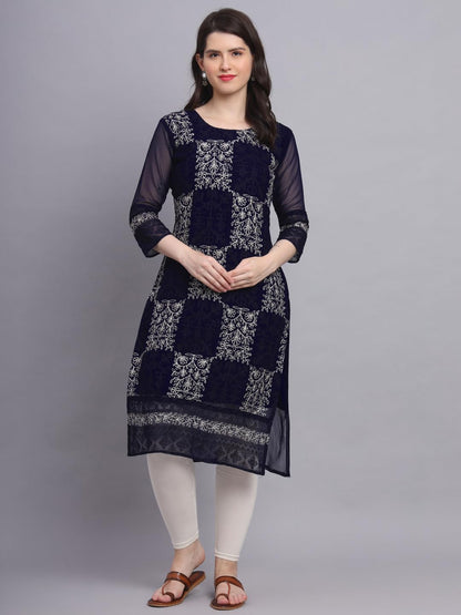 VAIRAGEE Womens Georgette Straight Cut Round Neck Kurta with Beautiful Lucknowi Chickenkari Work (1605) Navy Blue