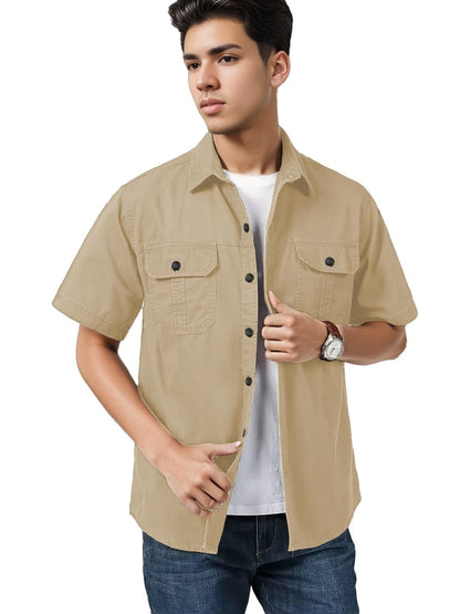 SMOWKLY Mens Casual Solid Printed Cotton Regular Fit Shirt || Half Sleeve, Button Down, Double Front Pocket || Denim Jacket Sty