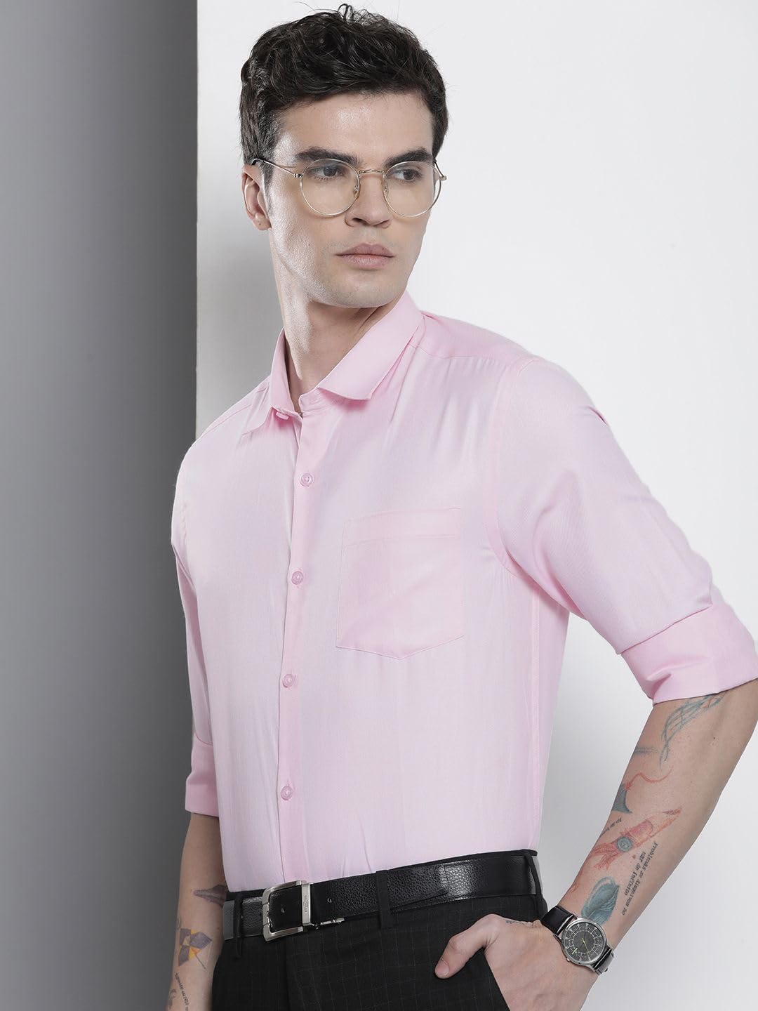 The Indian Garage Co Men Pink Solid Slim Fit Cotton Formal Shirt