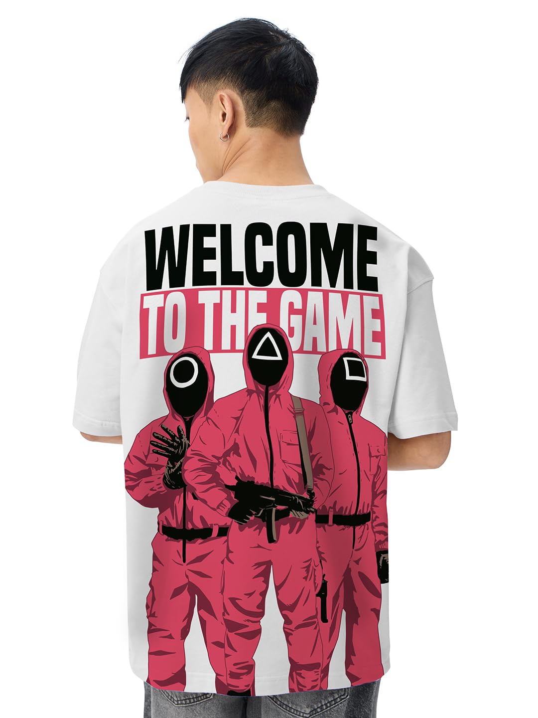The Souled Store Squid Game: Welcome to The Game Men and Boys Short Sleeves Round Neck White Graphic Printed Cotton Oversized T-