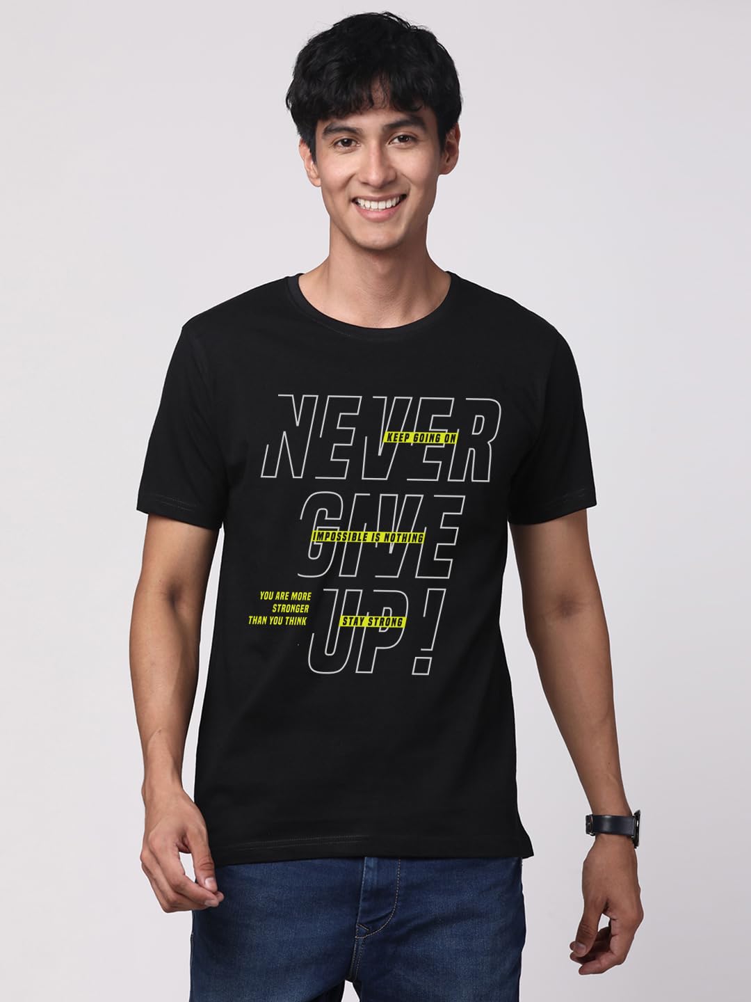 ADRO Never Give Up Printed T-Shirt for Men - 100% Cotton, Regular Fit, Soft Breathable Fabric. (RN23-M-NVR-BL_Black)