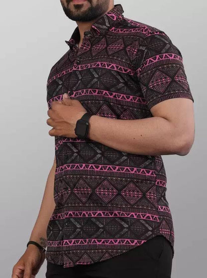 Lookmark MenS Stylish Lycra Blend Half Sleeve Shirt With Spread Collar - Featuring Trendy Prints For Casual Wear (Az-Lm-Og-Shir
