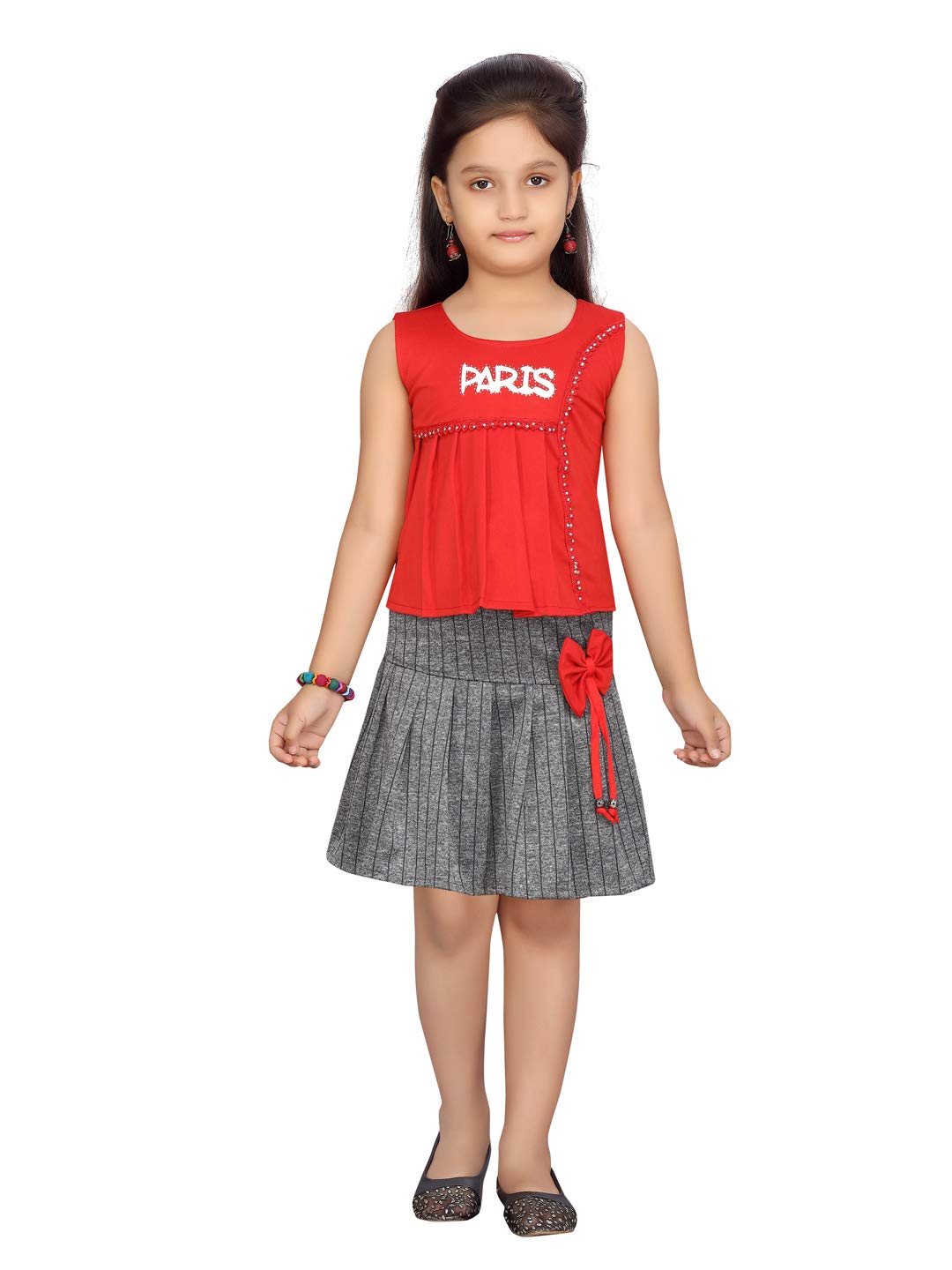 Aarika Girl's Cotton Blend Skirt Top Suit-Dress Set (DR-1612_Red_24)