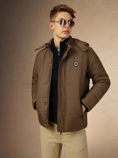 Dennis Lingo Men Charcoal Solid Regular Fit Full Sleeve Hooded Padded Jacket