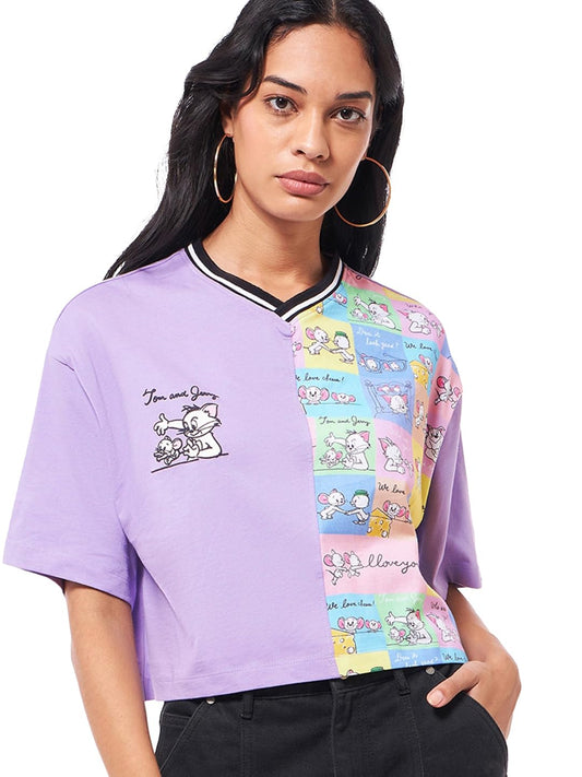 Bewakoof Official Tom & Jerry Merchandise WomenS Graphic Printed Oversized Fit Half Sleeve V-Neck Pure Cotton Crop T-Shirt_63557