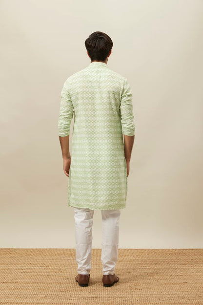 Manyavar Green Blended Viscose Self Design Full Sleeves Kurta