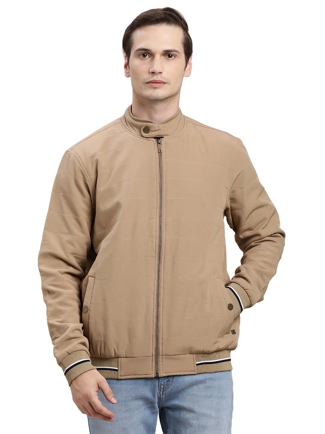 Turtle Men Khaki Regular Fit Solid Knitted Windcheater Jacket