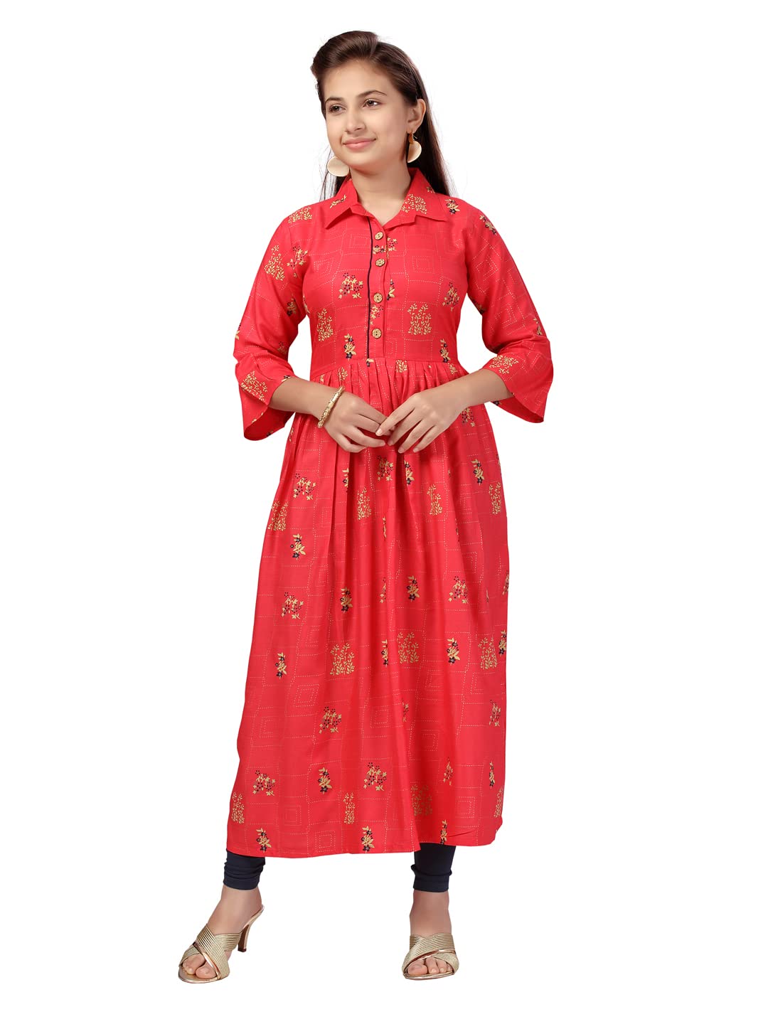 Aarika Girls Gajri Color Printed Flared Kurti (JN_KURTI-K-254-GAJRI-34)