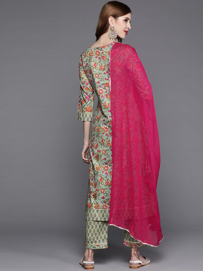 Varanga Floral Printed Embroidered Kurta With Straight Pant And Chiffon Dupatta
