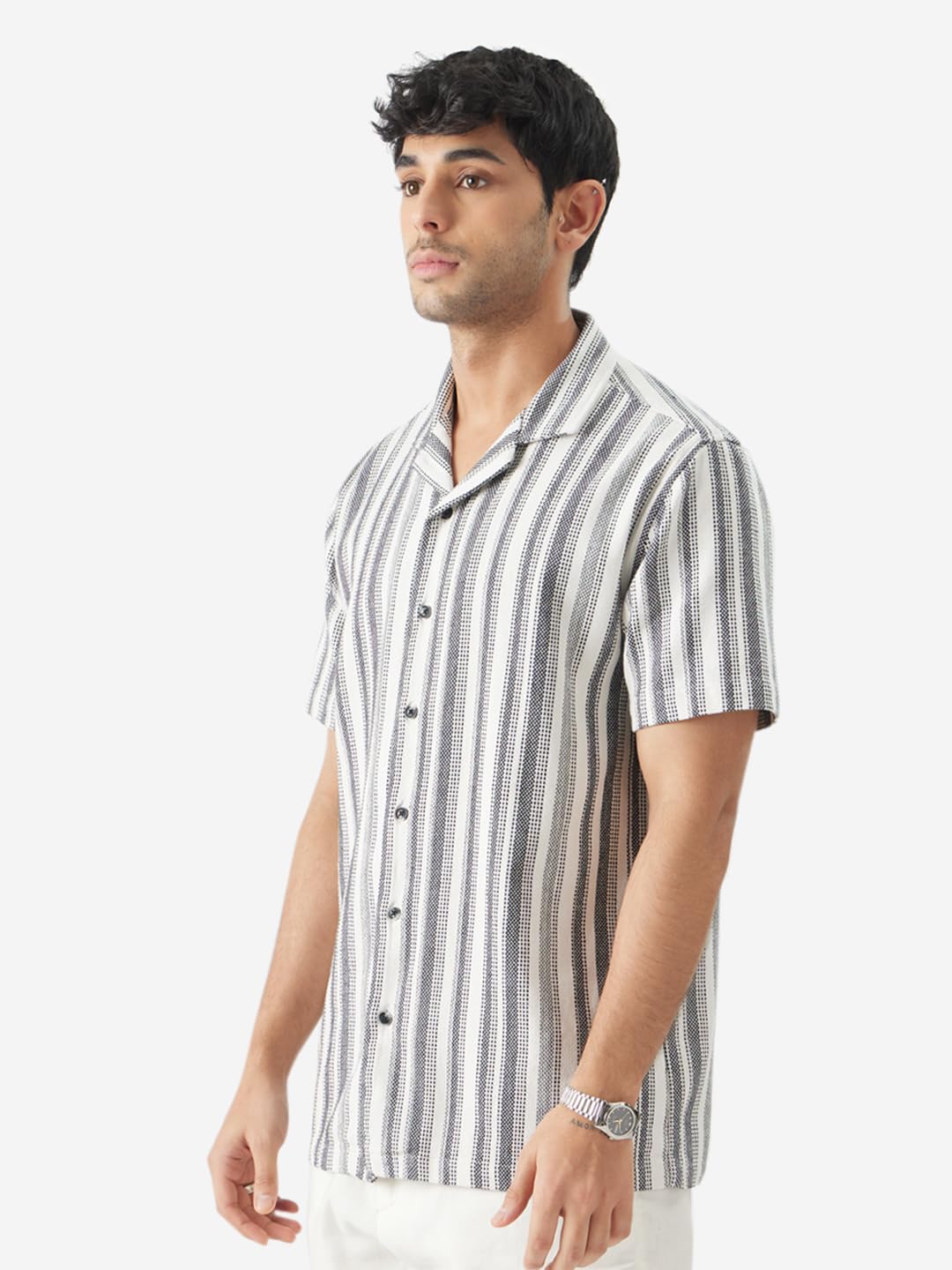 The Souled Store Monochrome Stripes Men and Boys Short Sleeve Collared Neck Regular Fit Button Down Black and White Printed Shir