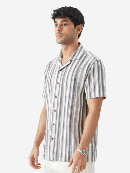 The Souled Store Monochrome Stripes Men and Boys Short Sleeve Collared Neck Regular Fit Button Down Black and White Printed Shir