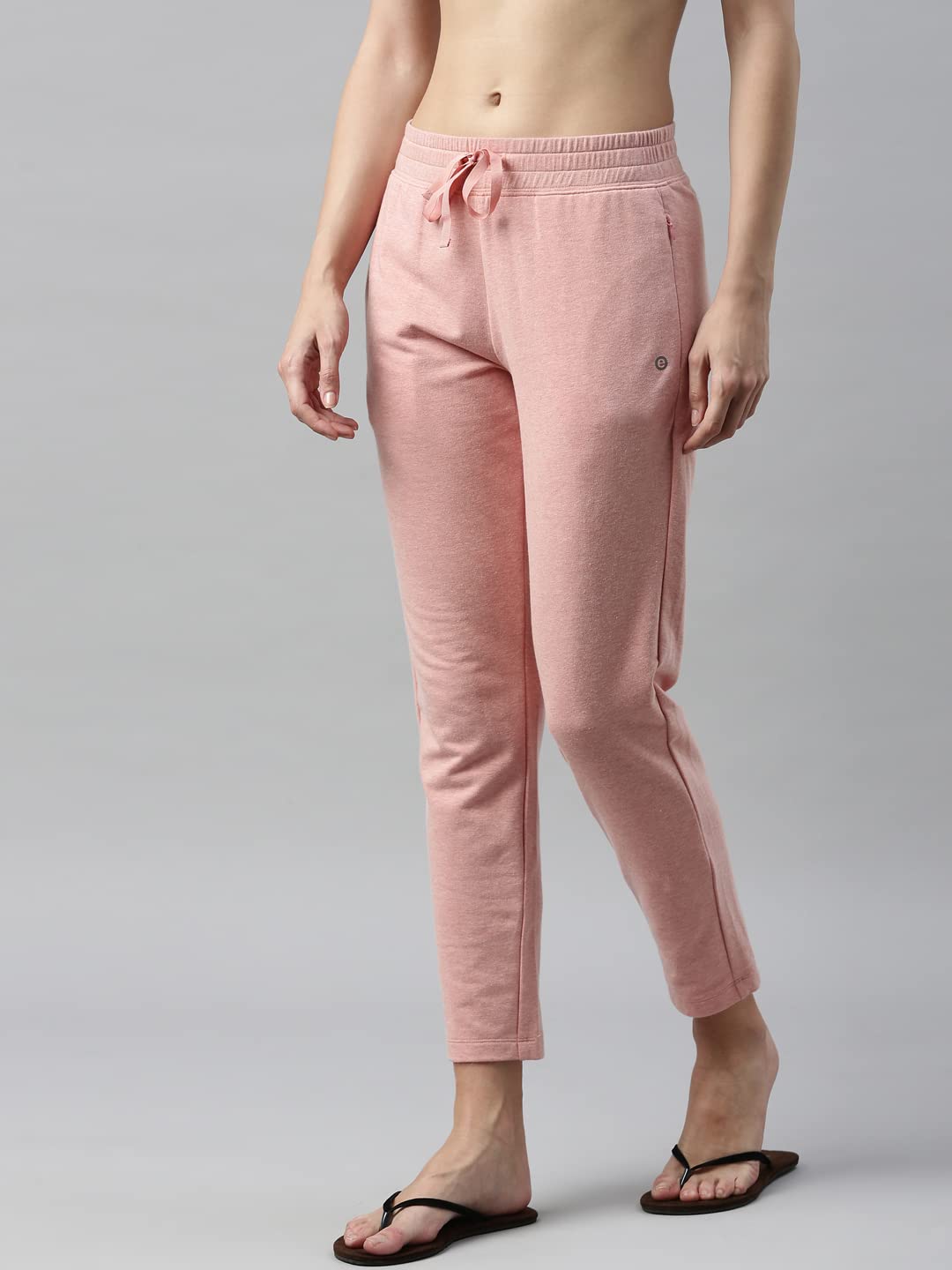 Enamor Essentials Womens Slim Fit Mid Rise Cotton French Terry Ankle Length Lounge Pants with Wide Waistband Drawstring & Side P