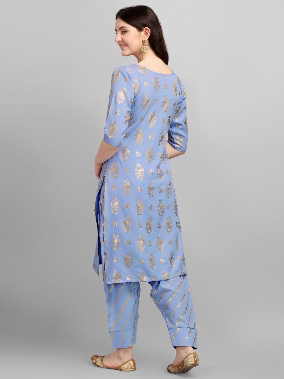 Gufrina WomenS Rayon Straight Kurta & Dhoti Pant With Round Neck 3/4Th Sleeves Solid Pattern Calf Length A Line Style And Regul
