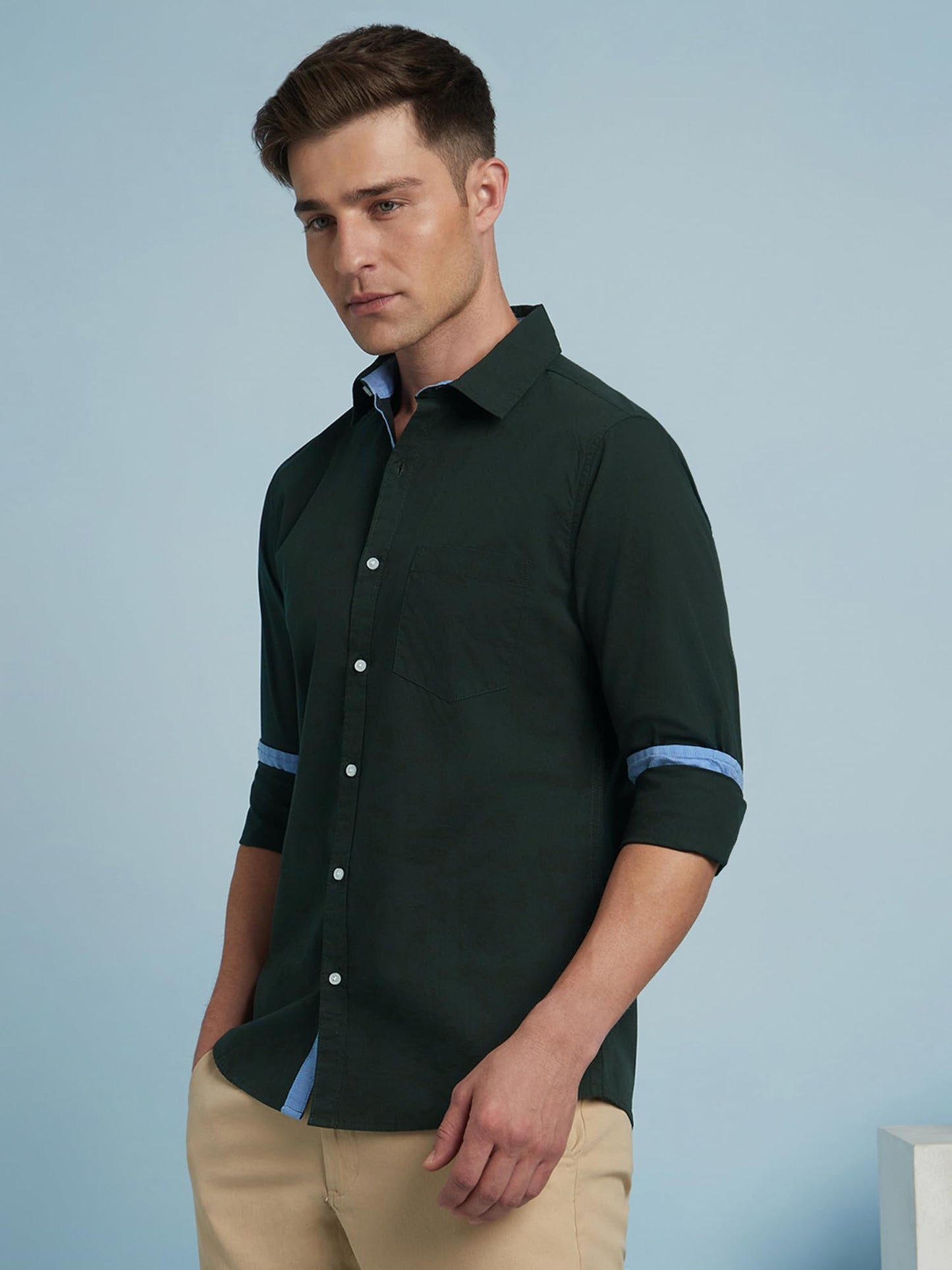 Dennis Lingo Men Solid Spread Collar Full Sleeves Regular Fit Casual Shirt Bottle Green