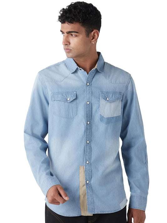 Bewakoof Mens Washed Regular Fit Full Sleeve Collar Cotton Shirt_646370_Blue_XL