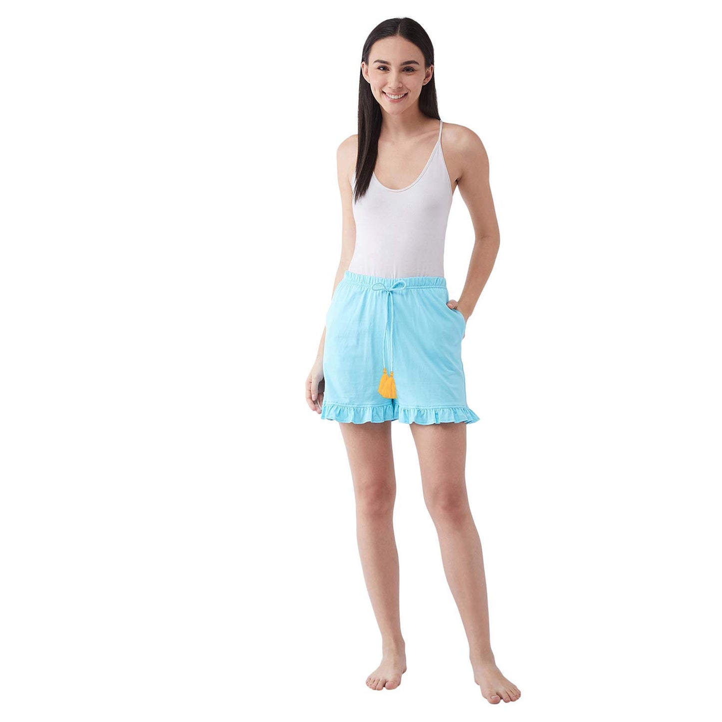 Miss Chase WomenS Comfortable Blue Solid Cotton Regular Length Sleep And Loungewear Shorts With Pockets (Mcaw20Nw03-08-115_Blue