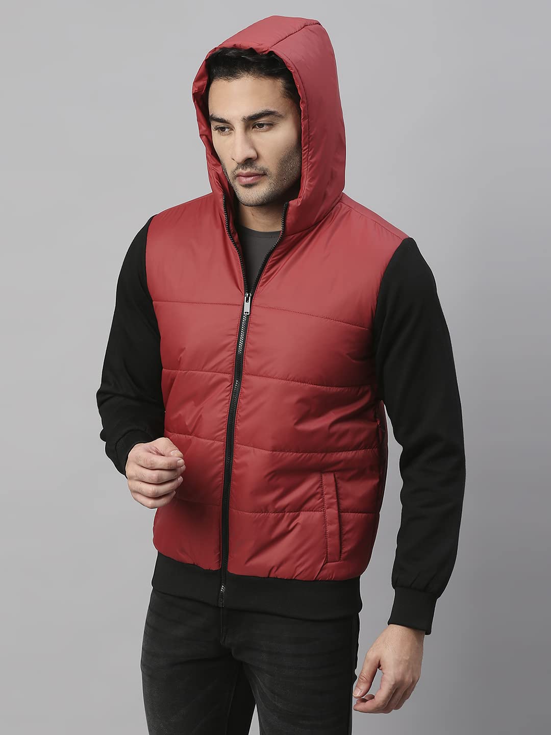 Dennis Lingo Polyester Regular Fit Full Sleeves MenS Color Block Hooded Puffer Jacket With 2 Pockets - Lightweight Casual Winte