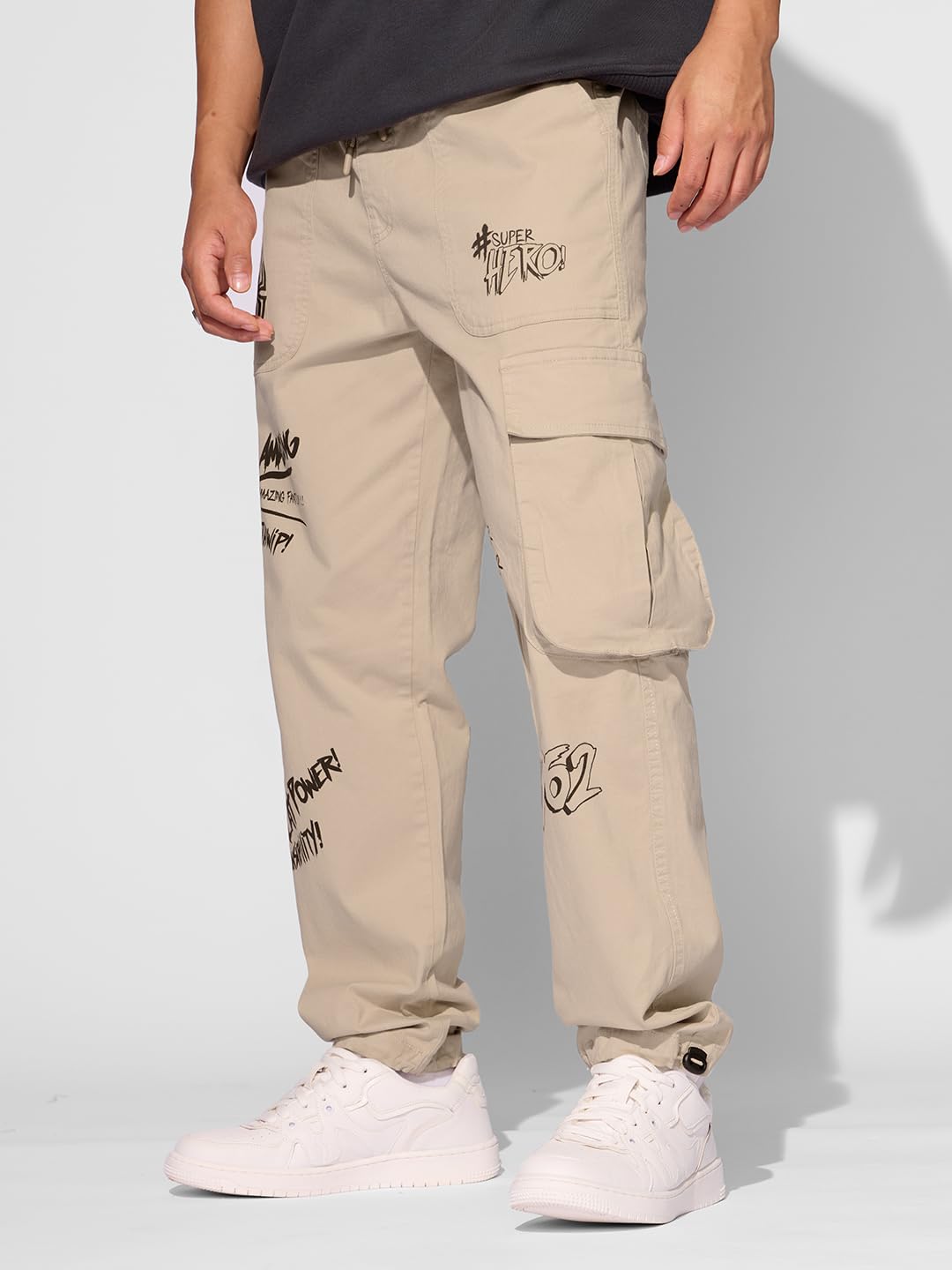 The Souled Store Official Spider-Man: Web-Slinger Men and Boys Elasticated Toggles Leg Closure Beige Printed Cotton Blend Baggy