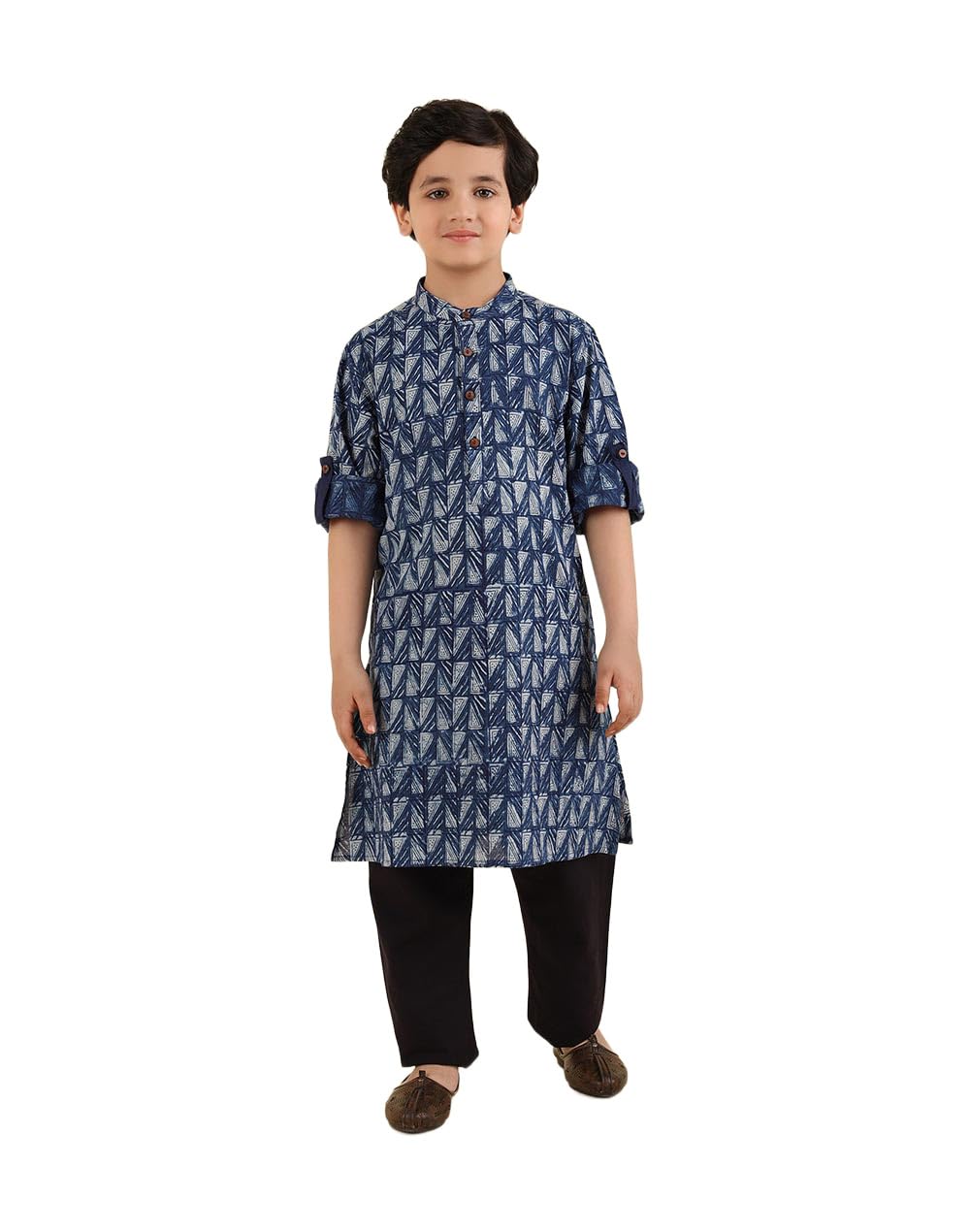 Fabindia Boys Navy Blue Printed Mandarin Collar Kurta