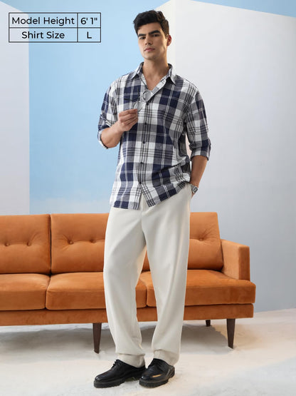 The Souled Store CottonLinen Checks: Riviera Men and Boys Long Sleeves Collareed Neck Button Front Checked Regular Fit Lightweig