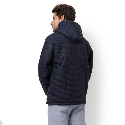 Campus Sutra Mens Indigo Blue Solid Quilted Puffer Regular Fit Bomber Jacket For Winter Wear | Hooded Collar | Full Sleeve | Zi