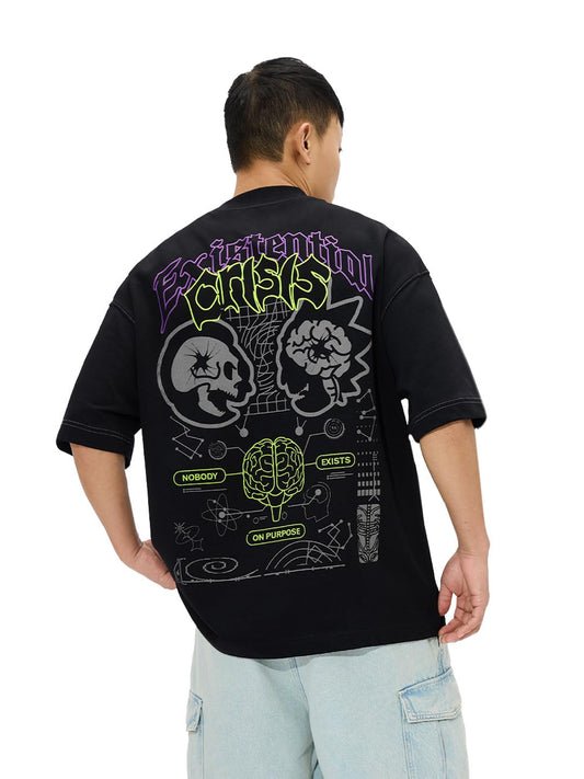 The Souled Store Rick & Morty: Existential Crisis Men and Boys Short Sleeves Round Neck Black Graphic Printed Cotton Super Overs
