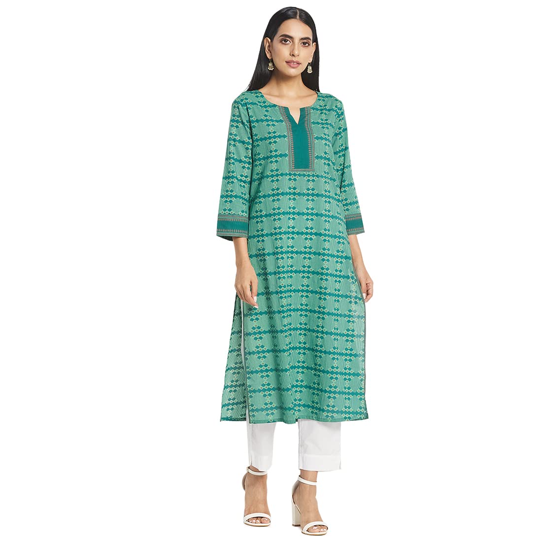 Fabindia Women Cotton Printed Long Kurta Green_Xs