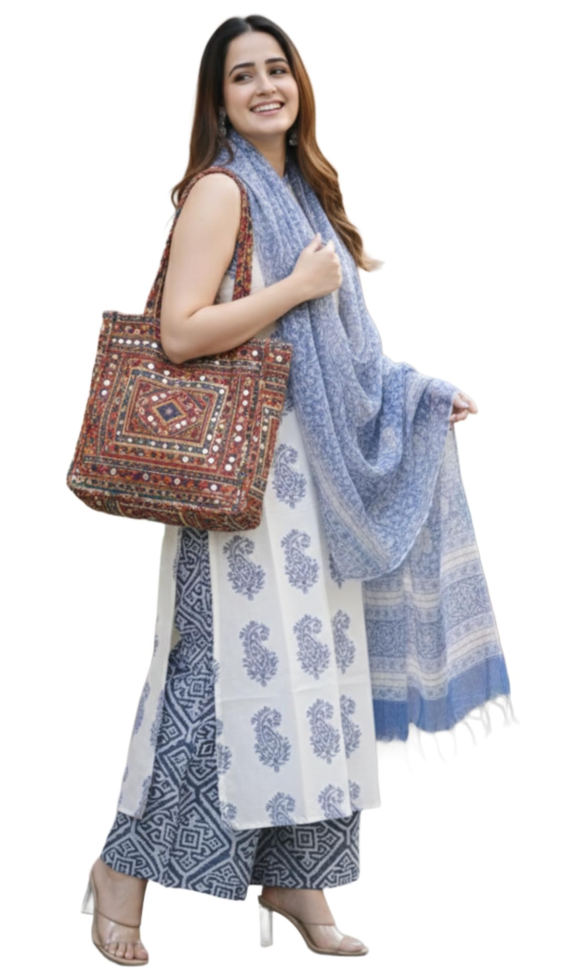 ANNI Designer Womens Viscose Blend Straight Printed Kurta with Palazzo & Dupatta (Jason White_S_White_Small)