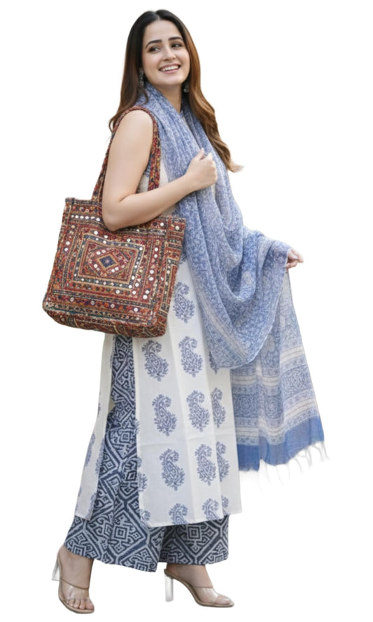 ANNI Designer Womens Viscose Blend Straight Printed Kurta with Palazzo & Dupatta (Jason White_S_White_Small)