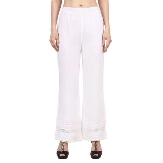 Popwingscasual Rayon White Flat Front Straight Leg Lace Work Palazzo For Women || Pull-On Palazzo For Women || Long-Length Summe