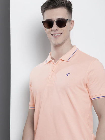 The Indian Garage Co Men Slim Fit Solid Polo Collar Tshirt Peach