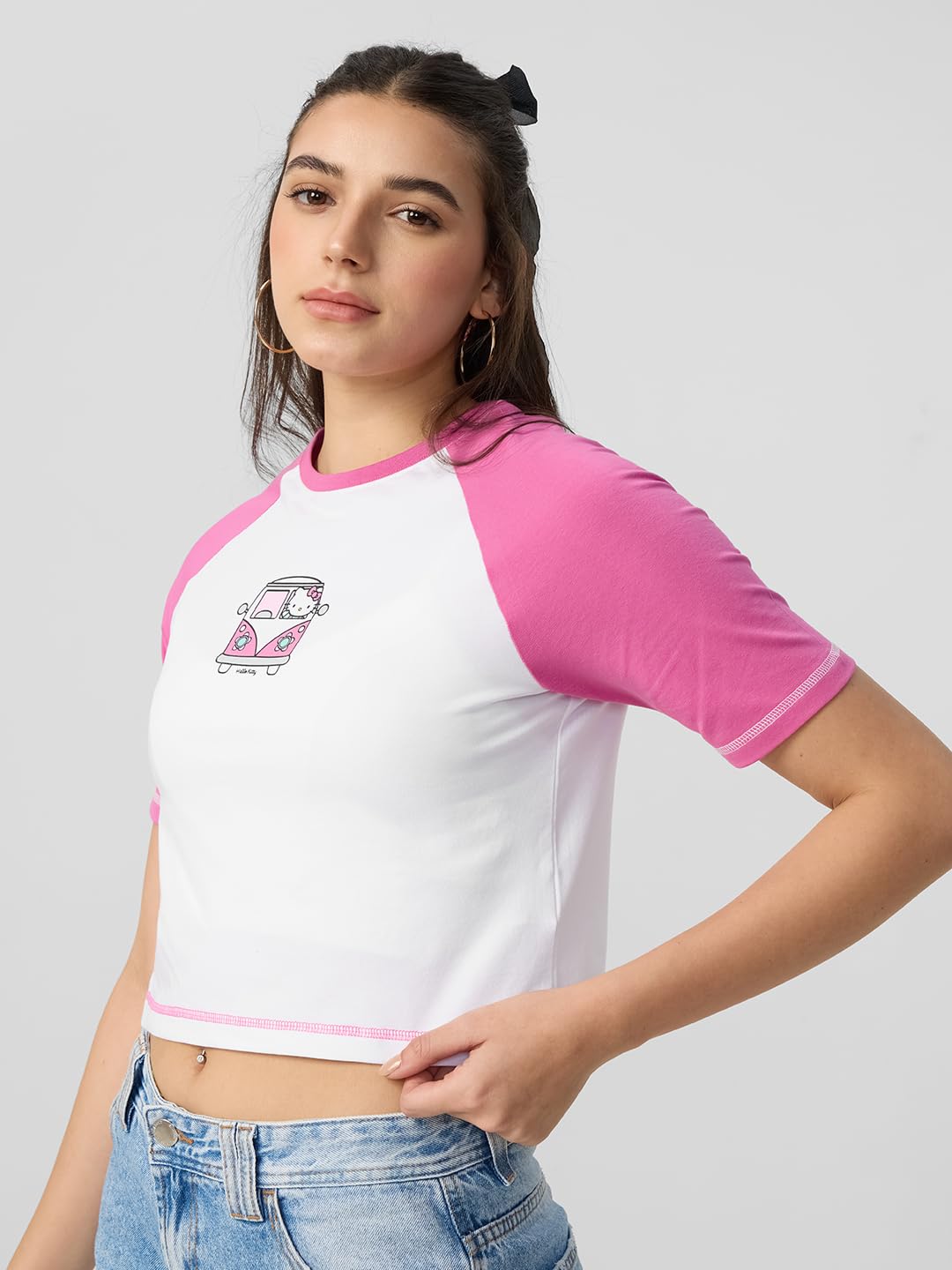 The Souled Store Hello Kitty: Trip Women and Girls Short Sleeves Round Neck White and Pink Graphic Printed Cotton Cropped Tops