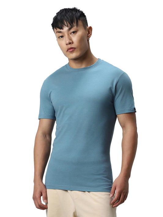 Bewakoof Mens Solid Slim Fit Half Sleeve Round Neck Cotton Lycra Blend T-Shirt_ 580008 Blue S