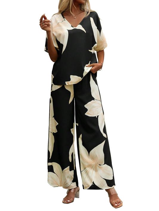 Shasmi Womens Casual Elegant Black Floral Printed Batwing V-Neck Blouse, Sleeve Shirt, Wide Long Pants for Ladies 2pcs/Set, Spr