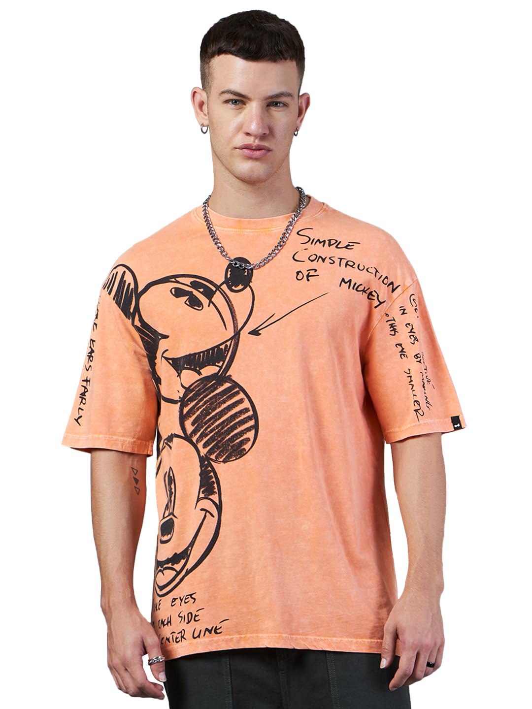 Bewakoof Official Disney Merchandise MenS Graphic Printed Oversized Fit Half Sleeve Round Neck Cotton T-Shirt 617147 Orange_M